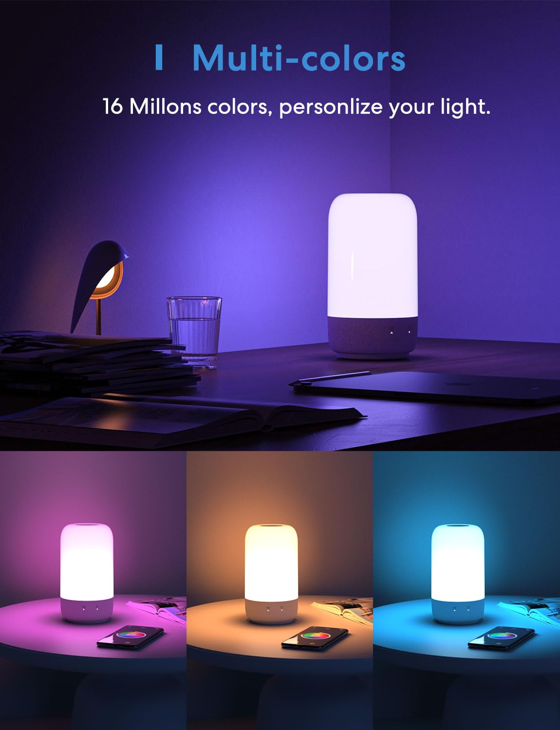 meross Smart Table Lamp for Bedroom, Bedside Lamp Support Apple Homekit and Alexa,Tunable White & Multi-Color, WiFi LED Nightstand Lamp,Touch Control, Voice and APP Control