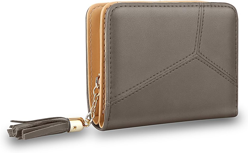 MPTECK @ Purses for Women with Tassel Zipper GREY Foldable Short Small Bag Coin Card Holder ladies girls Wallet Stylish PU Leather clutch card holder with gift box for Christmas Birthday Party