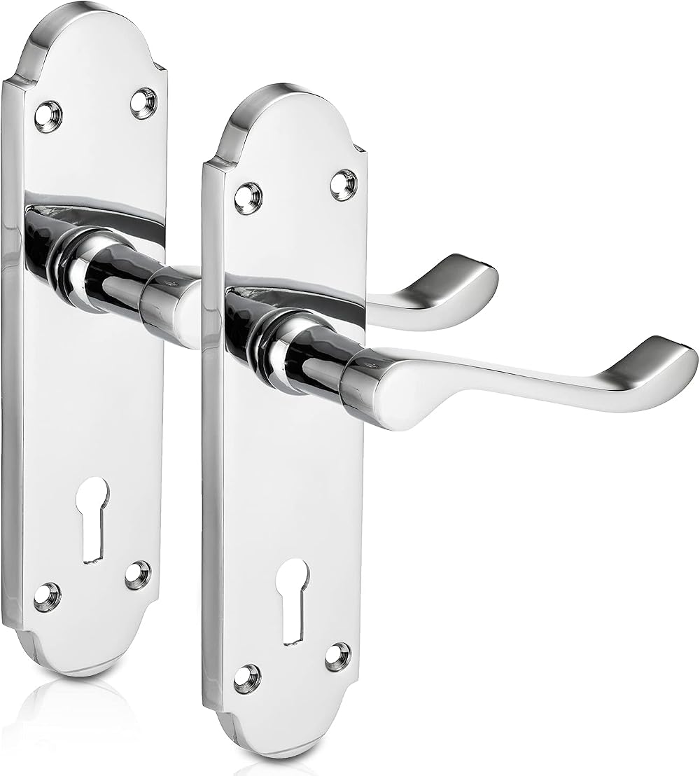 XFORT Richmond Lever Lock Chrome Door Handles Set on Long Backplate