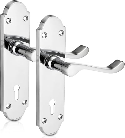 XFORT Richmond Lever Lock Chrome Door Handles Set on Long Backplate