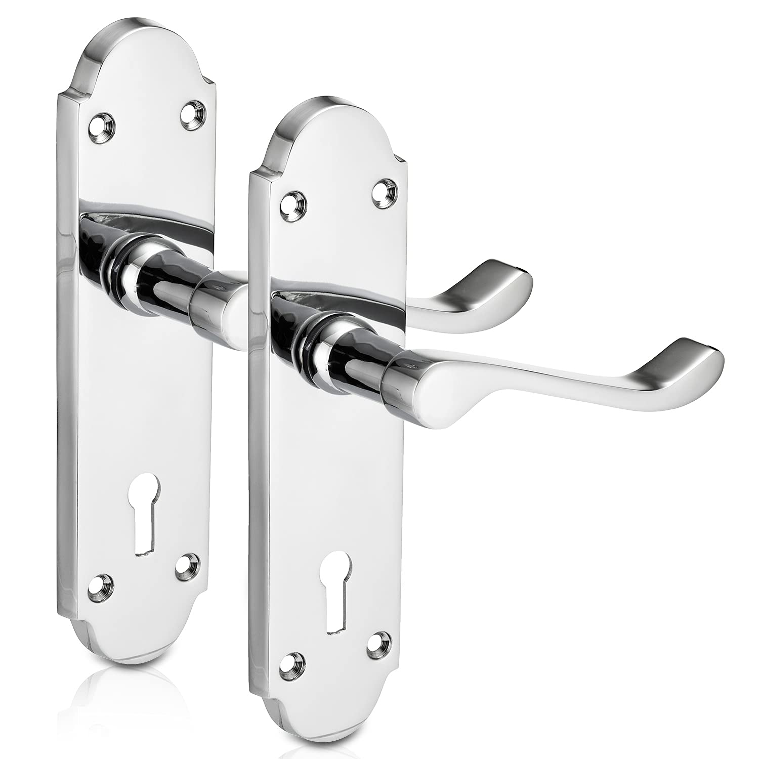 XFORT® Richmond Lever Lock Scroll Chrome Door Handles, Elegant Door Handle Set, Epsom Shaped on Long Backplate, Ideal for All Types of Internal Wooden Doors That Require Key Locking Security [1 Pair]