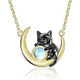 HOTIE Black Cat Moon Necklace with Nature Moonstone Crescent Cat Pendant Necklace Jewelry Kitten Cats Lover Gift for Women Birthday Christmas