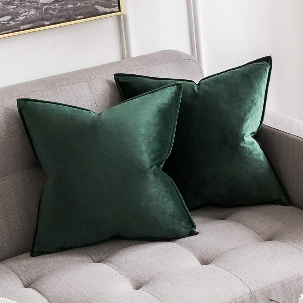 MIULEE Velvet Cushion Covers 40cm x 40cm Dark Green Decorative Square Throw Pillow Covers Flanges Pillowcases Soft for Livingroom Sofa Bedroom with Invisible Zipper 16 x 16 Inch Pack of 2