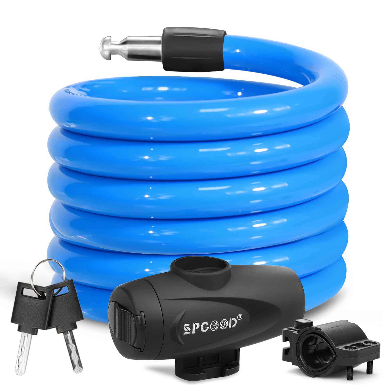 SPGOOD Bike Lock 1200mm/12mm with 2 Keys,Bicycle Lock with Mounting Bracket,Steel Cycling Cable Lock High Security,Lightweight Coiling Cable Lock for Bike,Scooter,Skateboard,Gate,Door (A-Blue)