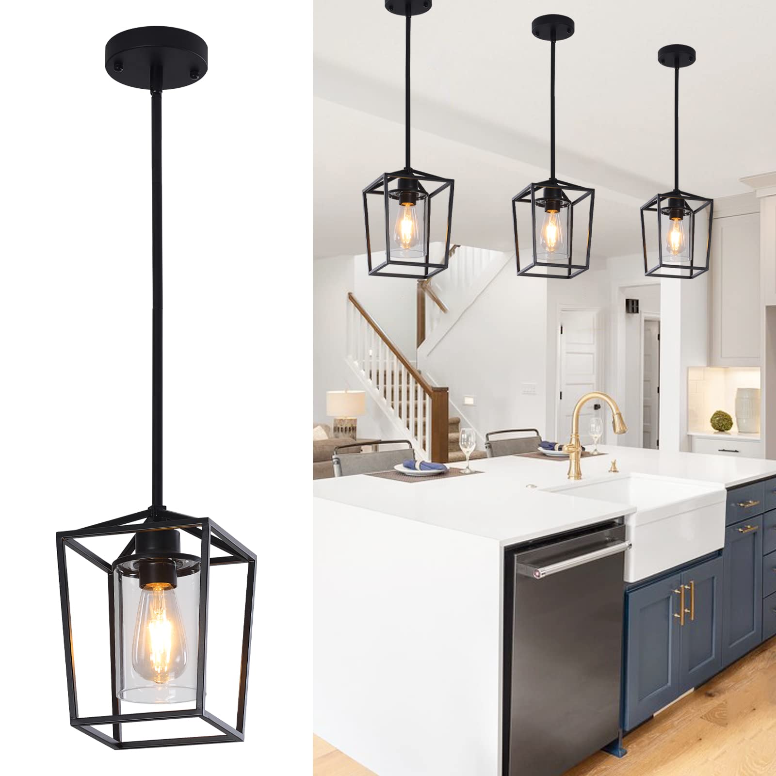Photo 1 of Raxighn Pendant Light Fixture,Adjustable Black Iron Cage Farmhouse Metal Kitchen Island Hanging Light with Clear Glass Shade, Suitable for Kitchen Island, Entrance, Dining Room, Hallway(1 Light)…