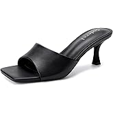 Goderci Kitten Heels for Women Square Open Toe Slip On Heeled Sandals Mid Mule Heels Casual Dress Shoes
