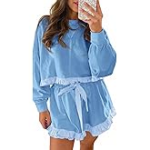 Fisoew Women's 2 Piece Lounge Sets Color Block Ruffle Cropped Sweatshirts Loose Drawstring Waist Shorts Sweatsuits