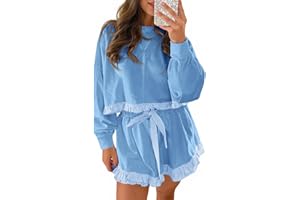 Fisoew Women's 2 Piece Lounge Sets Color Block Ruffle Cropped Sweatshirts Loose Drawstring Waist Shorts Sweatsuits