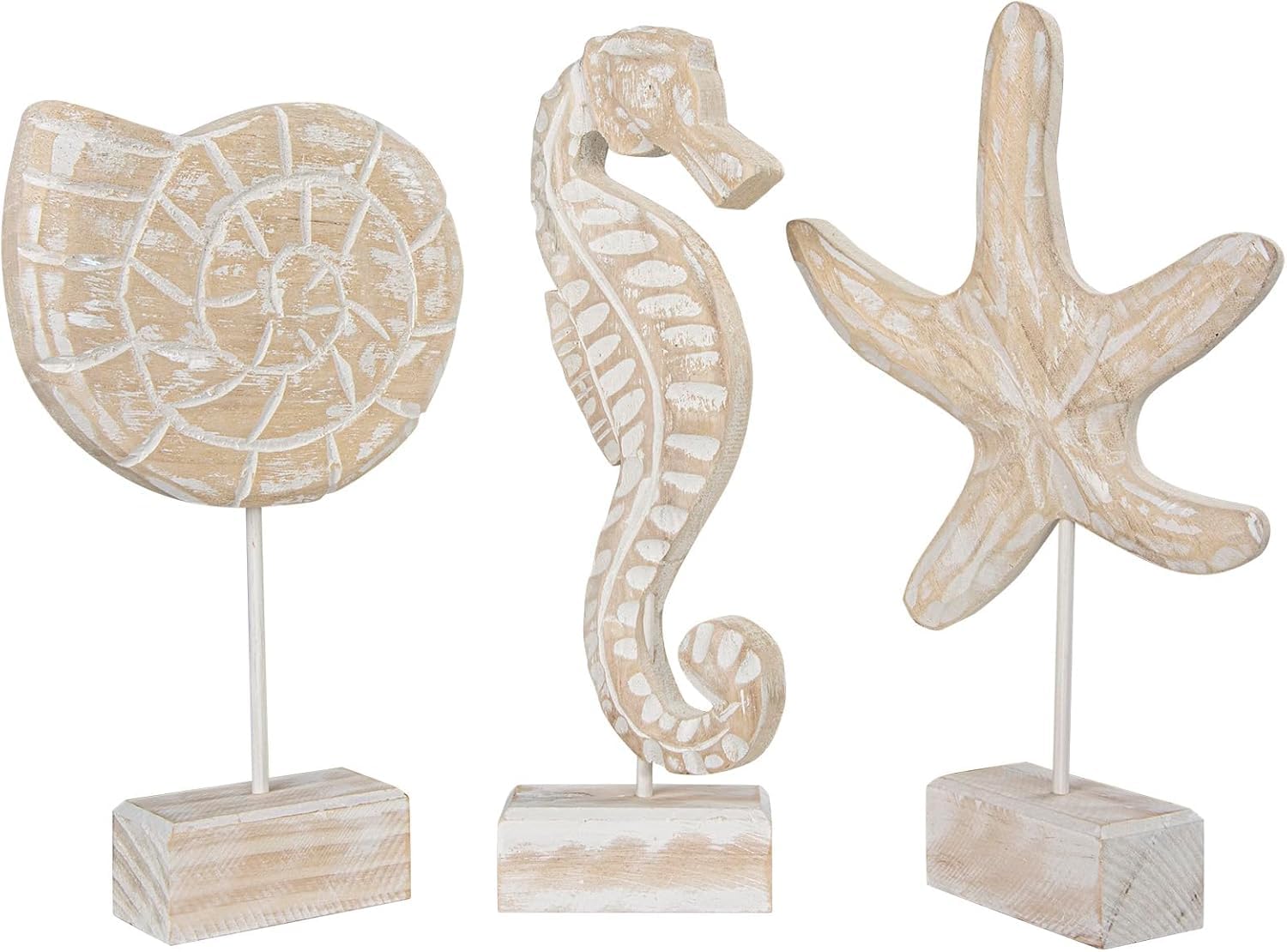 Primst 3pcs Mediterranean Style Wooden Resin Crafts Seahorse Conch Shells Starfish Ornaments,Desktop Figurines Beach Style Decor for Home Decor (3PCS,Wood color)