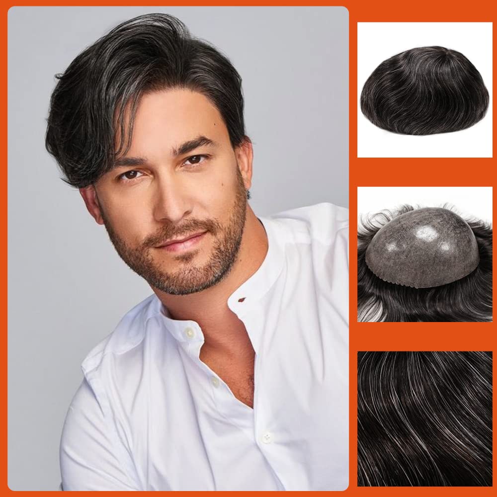 Zakya Hair System for Men - Thin Skin Toupee, 100% Human Hair Hairpiece, 8x10 Inches Base Size, Replacement System (Off Black 1B#+20% Grey) — image 1