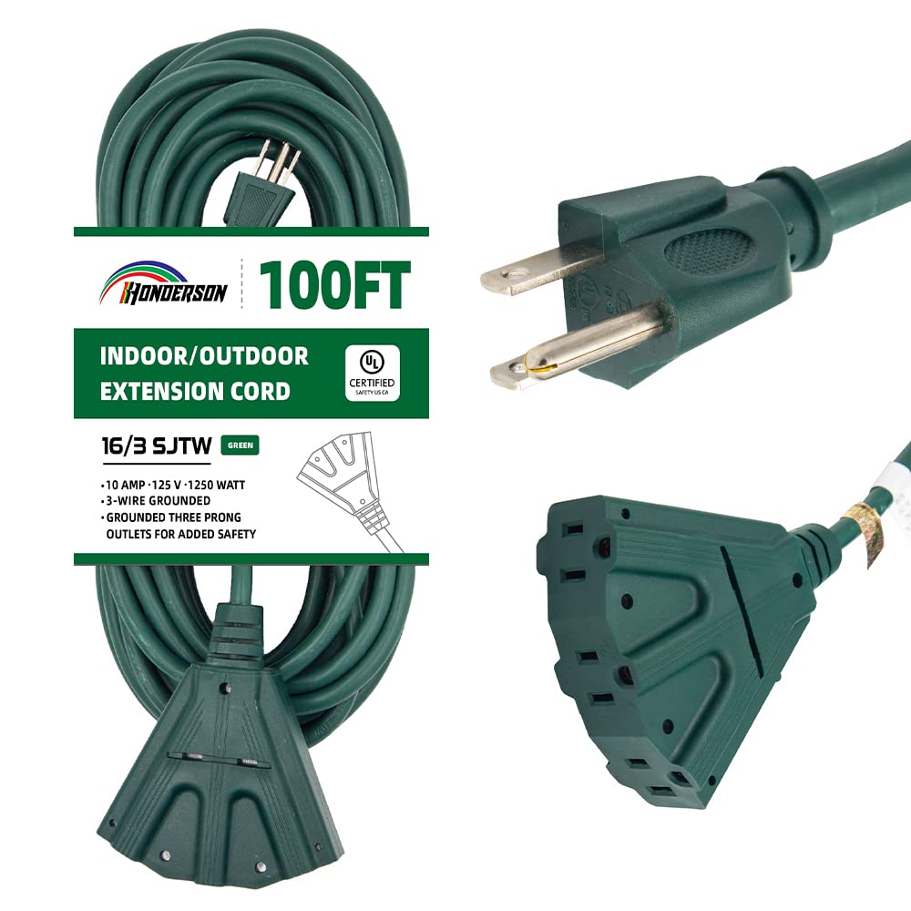 HONDERSON 3-Outlets Indoor Outdoor Extension Cord Weatherproof, UL Certified, 16 Gauge 100FT Green 3 Prong Heavy Duty, 16/3 SJTW 10A Power Cord Image