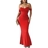 CurvySweet Women's Off The Shoulder Bodycon Corset Ruched Mesh Maxi Dress Built-in Bra Fall Cocktail Wedding Guest Dresses