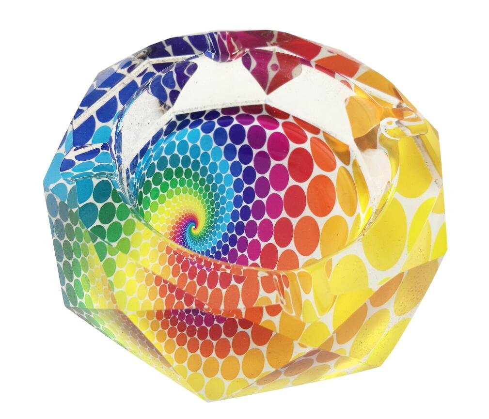 Beautiful Transparent Octangle Shape Diameter 3.9" Cigar Cigarette Crystal Glass Ashtrays with 4 Grooves Home Office Tabletop Desk Decoration (Colorful Dots)