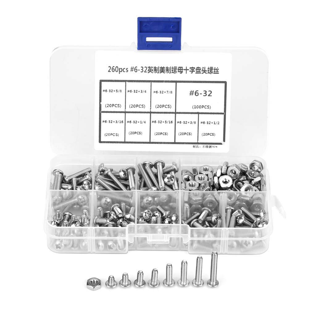 TICFOX 260Pcs 6-32 Screws Set, Stainless Steel Cross Pan Head Machine Screws Assortment Kit with Storage Box for Homemade Repairs, Carpentry, Indoor And Outdoor Applications