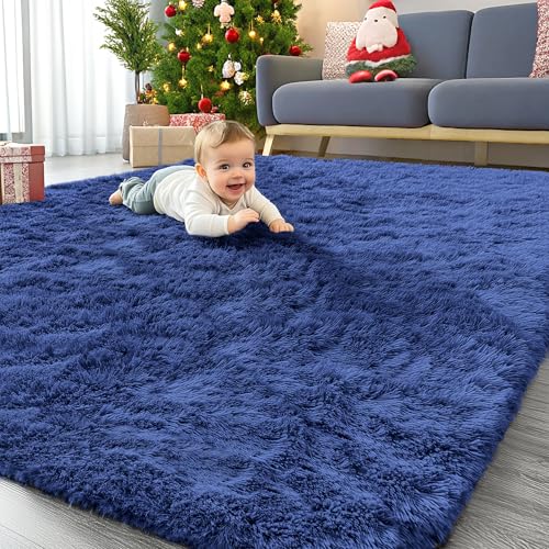 Homaxy Hochflor Waschbar Groß Teppich Wohnzimmer 240 x 340 cm, Marine Blau