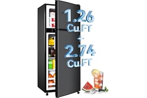 Anypro 4.0 Cu.Ft Fridge with Freezer, Double Door Refrigerator with 6 Level Thermostat, LED Light, Adjustable Glass Shelves for Bedroom, Office, Dorm, Apartment, Black