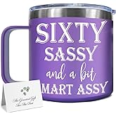 SUUURA-OO Sixty Sassy And A Bit Smart Assy 60 Birthday Gifts for Women / 60th Birthday Mug 60th Gift for Wife, Grandma, Mom, Daughter, Sister, Friend Stainless Steel Tumbler 14OZ