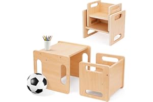OOOK Montessori Weaning Table and Chair Set, Kids Activity Table and Chair Set with Fence for Read, Play Toys, Snack Time, Step Stool, 1-3 Year Old Kids Montessori Furniture