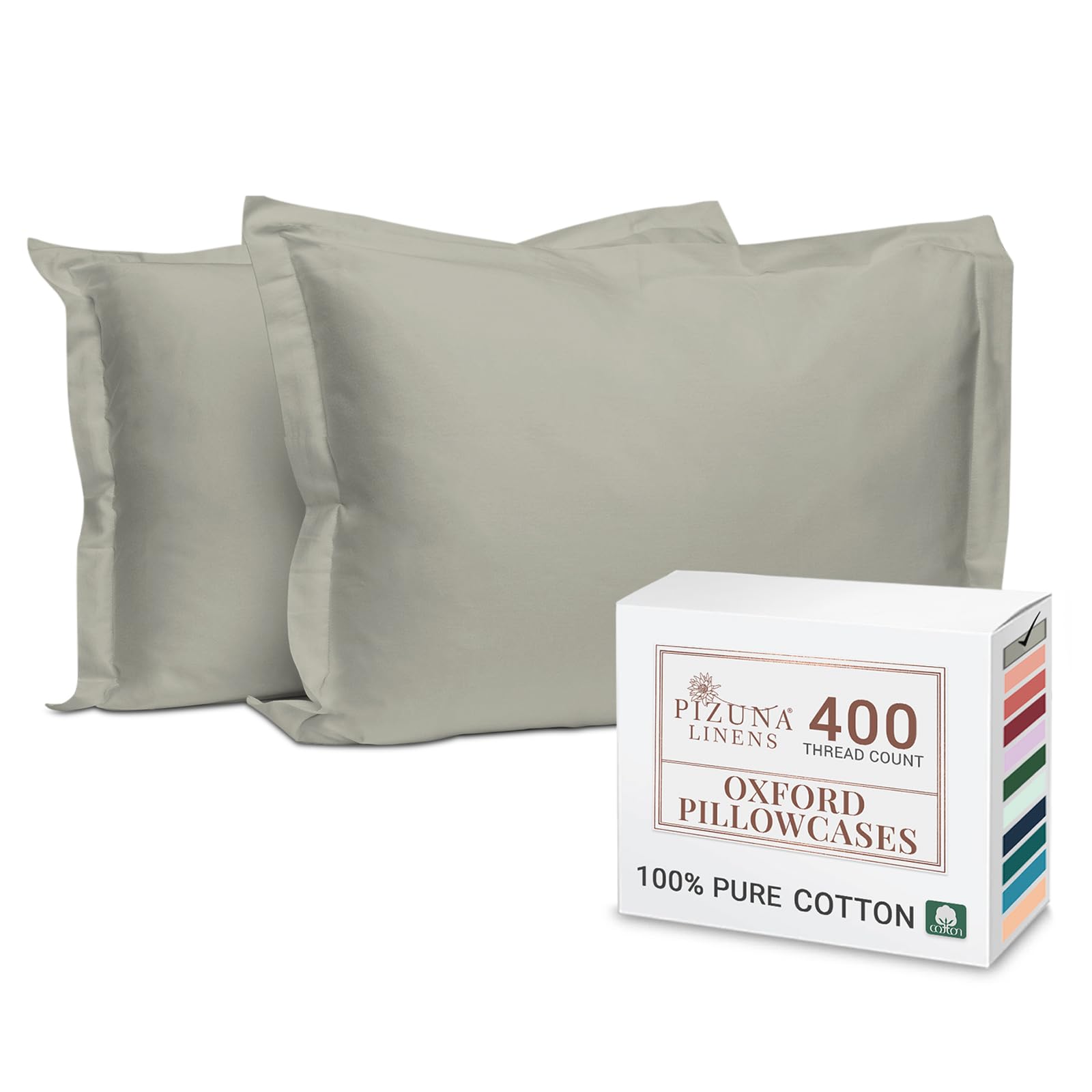 Pizuna 100% Cotton Long Pillow Cases 2 Pack 50x90cm King Size Pillow Covers Silver, 400 Thread Count Long Staple Combed Cotton Pillowcases, Luxurious Soft Sateen Large Pillowcases 2 pack