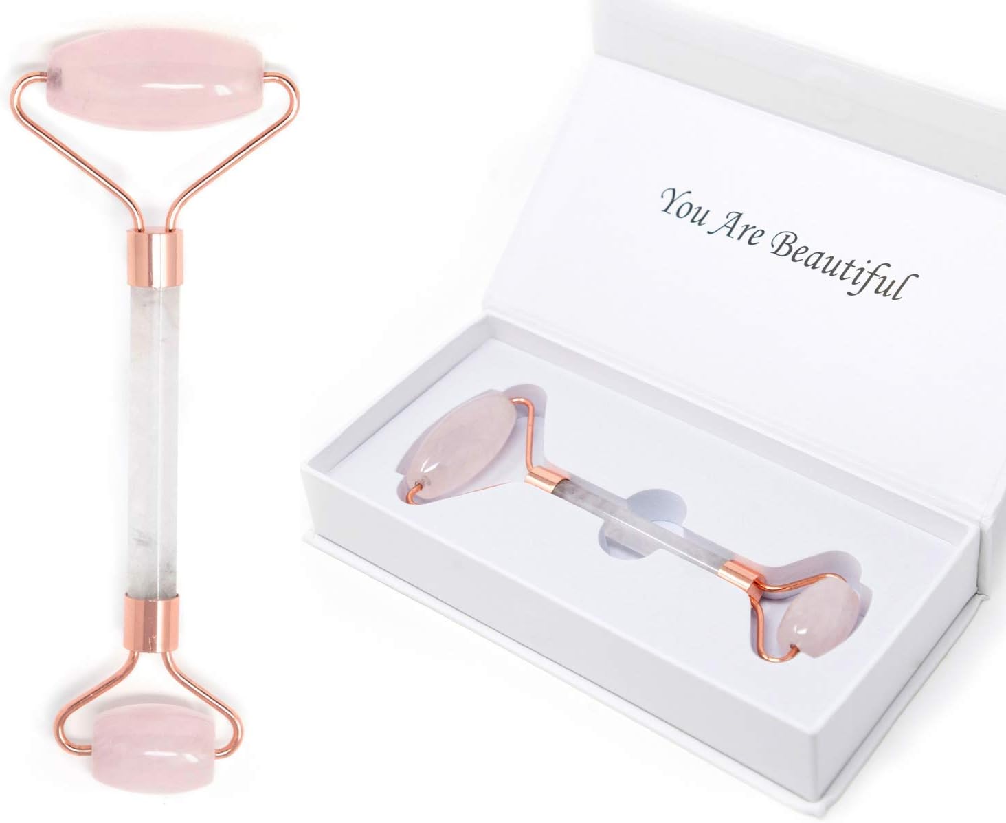 Rose Quartz Face Massage Roller + Ebook Guide | Jade Beauty Roller | Eye Puffiness Treatment | Crystal Quartz Natural Skincare | The Perfect Birthday - Christmas Gift