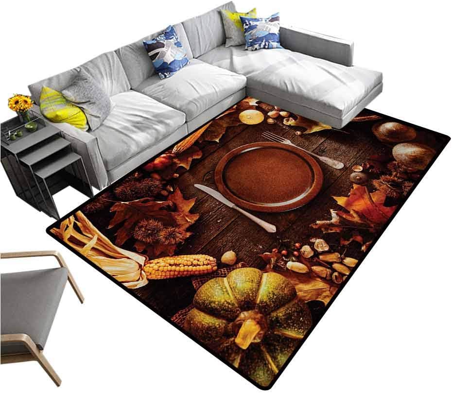 Harvest Rug Pad Dinner at Thanksgiving Fall Color Theme Plate and Cutlery Various Seasonal Food Office Floor Mats for Carpet Brown Orange (6'x8')