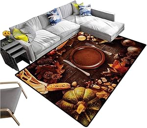 Harvest Rug Pad Dinner at Thanksgiving Fall Color Theme Plate and Cutlery Various Seasonal Food Office Floor Mats for Carpet Brown Orange (6'x8')
