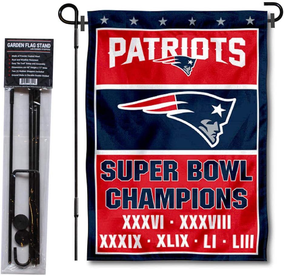 WinCraft New England Patriots 6 Time Champions Garden Flag and Pole Stand Holder