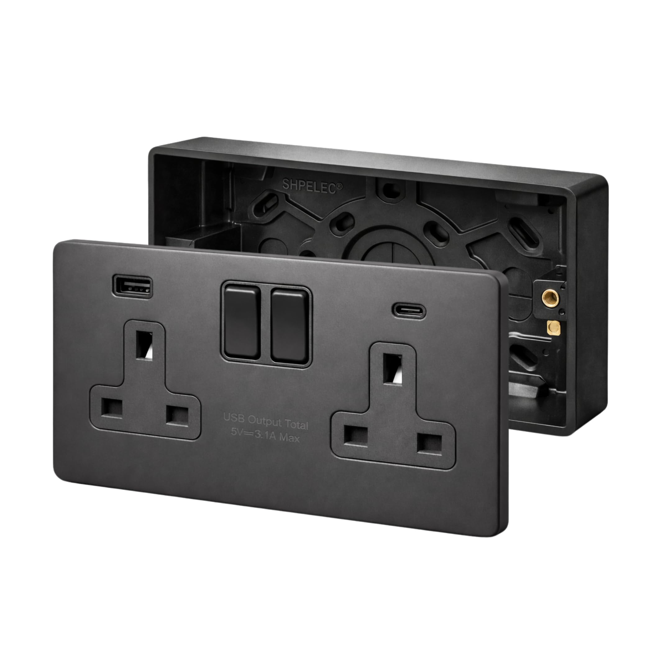 SH|P® 2 Gang 13A Screwless Matte Black Switched Socket with Dual 15W USB Fast Charging Ports (Type A & C) and 32mm Surface Mount Pattress Box