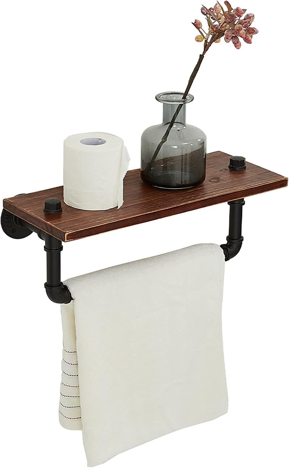 Industrial Bathroom Pipe Shelves Shelving ,Rustic Pipe Wall Shelf with Towel Bar Towel Racks for Bathroom , Farmhouse Pipe Shelves with Wood Planks ROGMARS: Kitchen & Dining