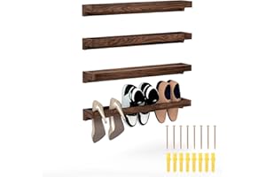 KUJIBGY 4Pcs Wall Mounted Shoe Rack 30in, Rustic Burnt Wood Hanging Shoes Racks Space Saving Footwear Holder Shoe Organizer H