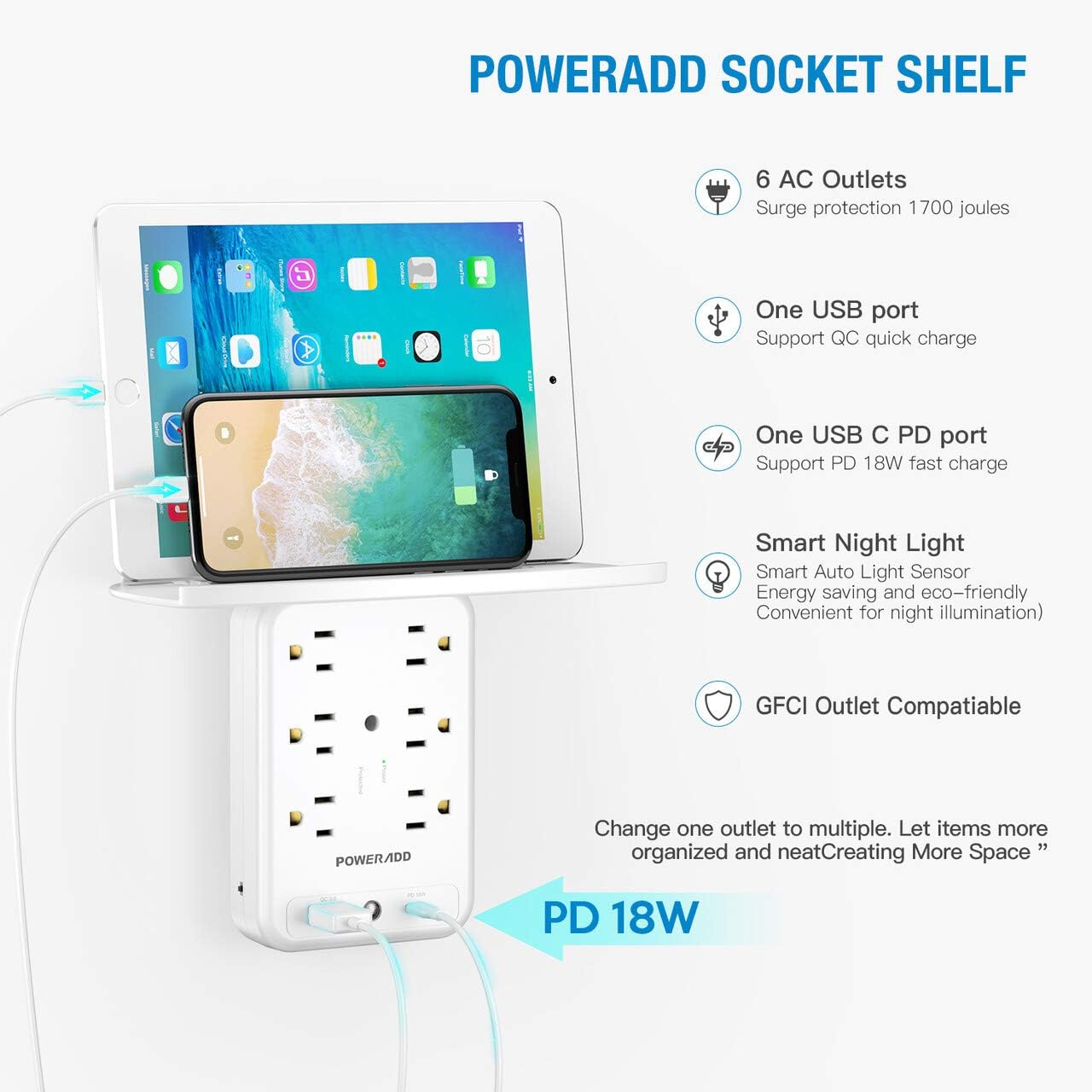Socket Shelf Wall Outlet, POWERADD 6 Outlet Extender Surge Protector with USB C PD 18W Fast Charging Ports, Multi Plug Outlet with Removable Built-In Shelf and Smart Night Light for Bathroom/Home/Dorm: Home Audio & Theater