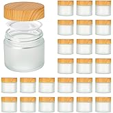 2oz Jars with Lids, Hoa Kinh 24 Pack Frosted Glass Jars with Woodgrain Lids Empty Cosmetic Containers Round Airtight Glass Jar with Inner Liners and Lid for Storing Lotions, Powders, and Ointments