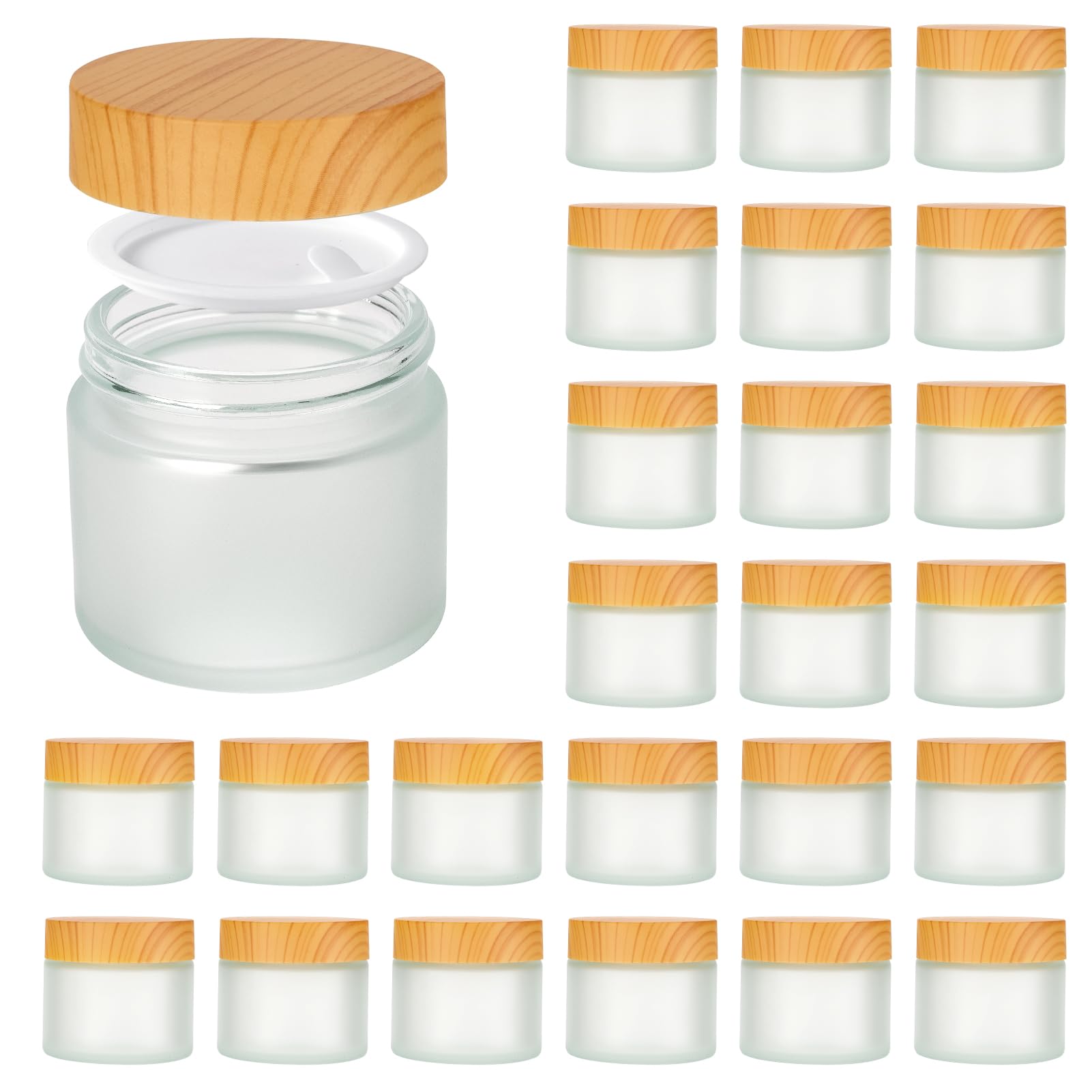 Photo 1 of 2oz Jars with Lids, Hoa Kinh 24 Pack Frosted Glass Jars with Woodgrain Lids Empty Cosmetic Containers Round Airtight Glass Jar with Inner Liners and Lid for Storing Lotions, Powders, and Ointments