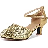 OCHENTA Women's Kitten Heels Latin Ballroom Dance Shoes Sequined Glitter Pointed Toe Salsa Tango Party Pumps Rubber Gold Tag 40 - US 8