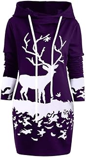 Dorical Weihnachtskleider Festliche Kleider Damen Schicke Weihnachten Monochrom Rentier Gedruckt Mit Kapuze Kordelzug Mini Mode Kleid