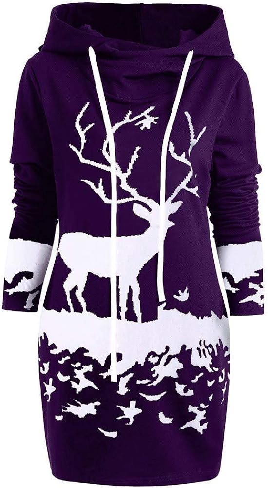 Dorical Weihnachtskleider Festliche Kleider Damen Schicke Weihnachten Monochrom Rentier Gedruckt Mit Kapuze Kordelzug Mini Mode Kleid