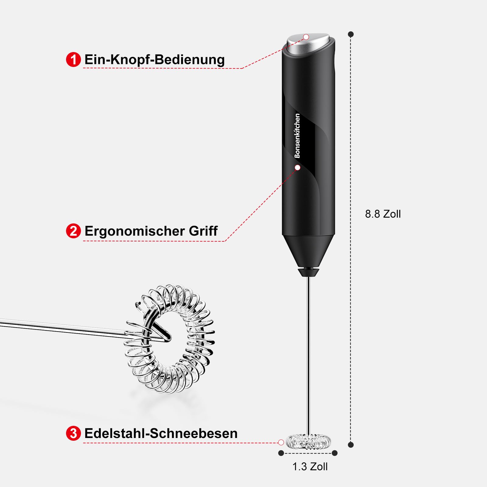 Bonsenkitchen Elektrische Milchaufschäumer, Handheld Milchschäumer Stab für Kaffee, Geschenkschaumbereiter für Kaffeeliebhaber, Latte Macchiato, Cappuccino, batteriebetrieben, Kaffeemixstab-Schwarz 6
