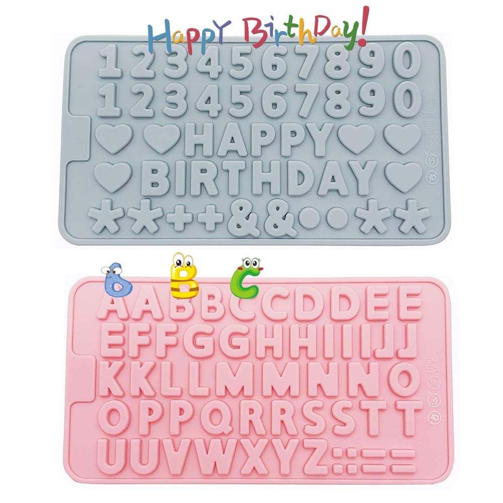 2 pcs Alphabet Silicone Mould Set, Happy Birthday Symbols Heart Shapes Chocolate Moulds, Silicon Chocolate Letters Numbers Mold for DIY Baking Cake Decoration Candy Fondant Biscuit Gummy Dessert