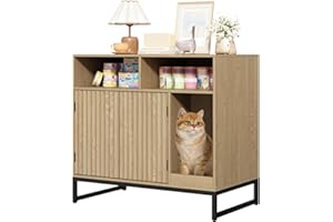 WINWY Cat Litter Box Enclosure, Large Hidden Pet Storage Cabinet Furniture with Waveform Fluted Doors & Scratching Pad, Modern Wooden Cat House Indoor for Washroom, Living Room, Bedroom, Natural
