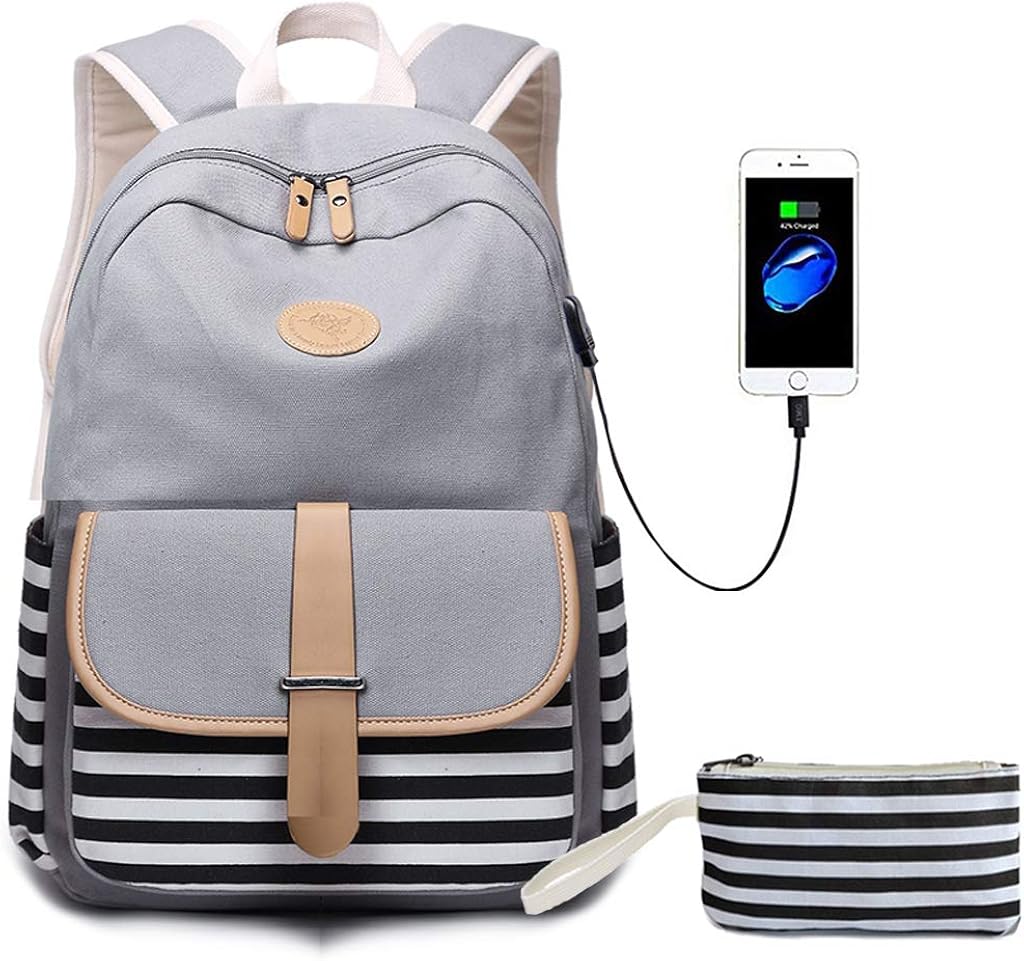 Lmeison Canvas Backpack with USB Charging Port Clutch Purse Fit 15.6" Laptop