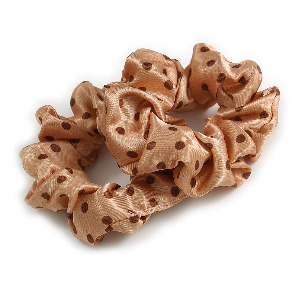 Pack Of 2 Light Caramel/Brown Polka Dot Silk Hair Scrunchies - Medium Thickness Hair