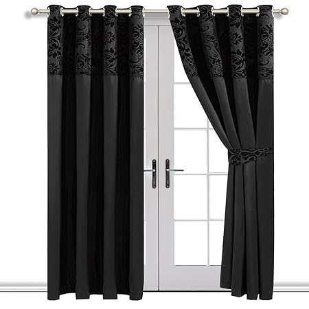 Luxury New Damask Flocked Eyelet Curtains Fully Lined Inc Tie