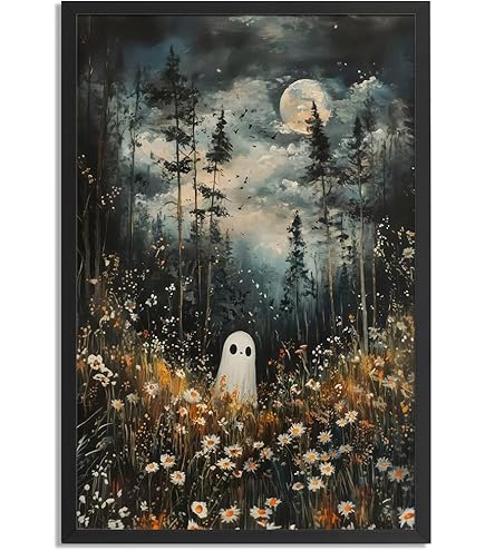 Aaheei Cute Ghost Posters Gothic Botanical Ghost In Greenhouse Wall Decor Dark Witch Art Cottagecore Halloween Art Canvas Vintage Flower Painting