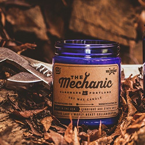 "The Mechanic" 100% Soy Candle, Scented, Eco-Friendly, Luxurious, Non-Toxic, Long-Burning, Soy Wax, Best Soy Candles, Aromatherapy, 9 oz Jar, 50 Hours, Amber Re-usable Apothecary Jar