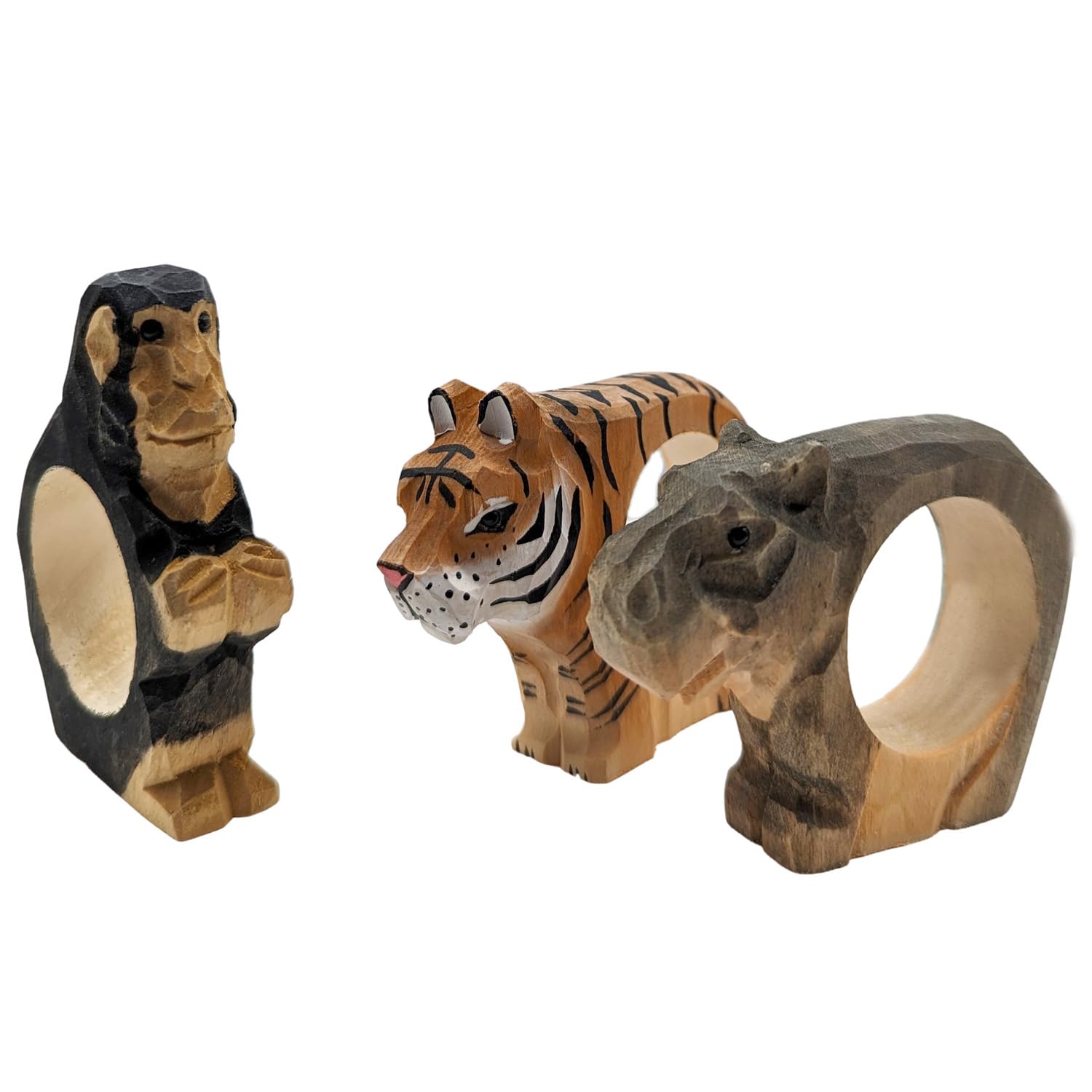 your castle Napkin Rings, Hand Carved, Animal Design - Tiger, Monkey, Hippo, Set of 3, Made of Wood, Hand-Painted, Versatile, with Stable Base, 8 x 6 x 2 cm
