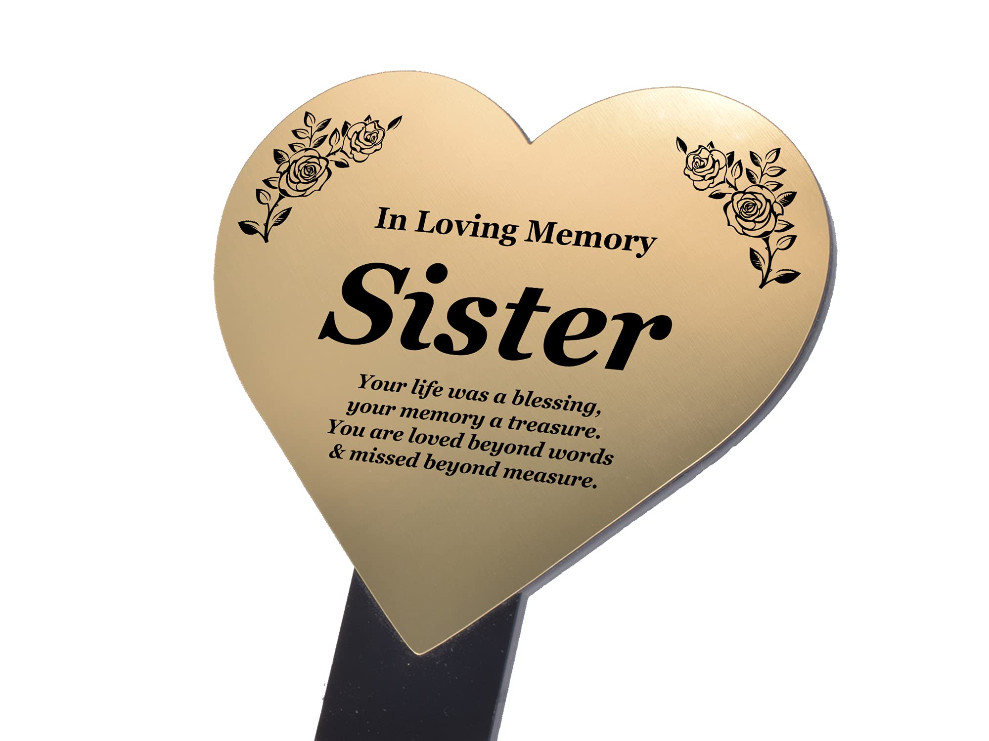 Sister Heart Shaped Memorial - Gold plaque mounted onto a black stake
