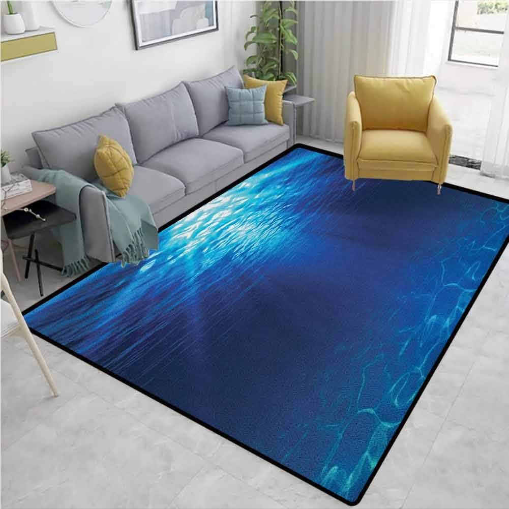 Large Area mat Ocean Underwater View with Sandy Seabed Aquatic Scenes Sunbeams Nature Picture Print Gift for Children Navy Blue Aqua