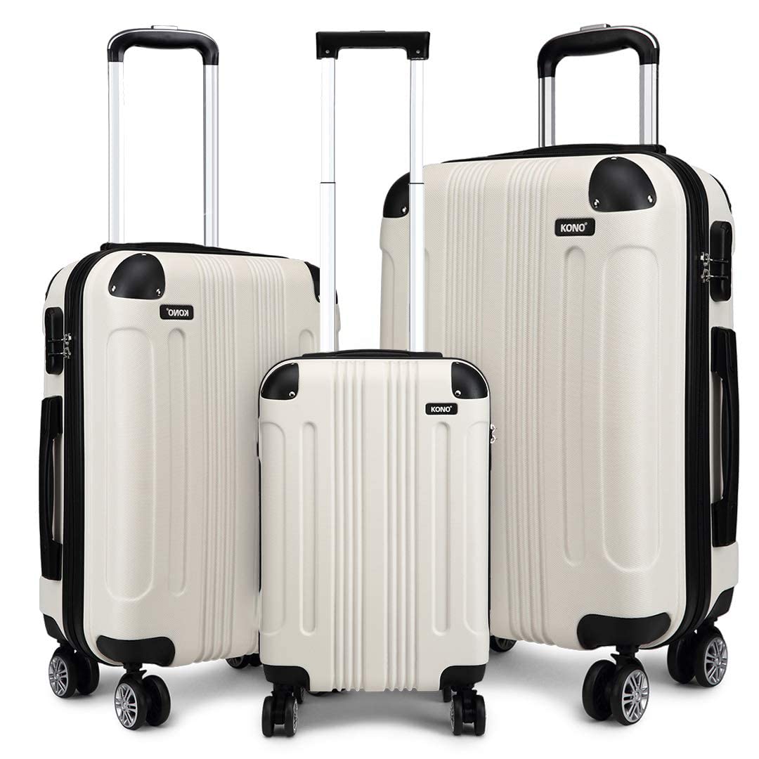 Kono Luggage Sets of 3 Piece Lightweight 4 Wheels Hard Sheel ABS Travel Trolley Suitcases (White)