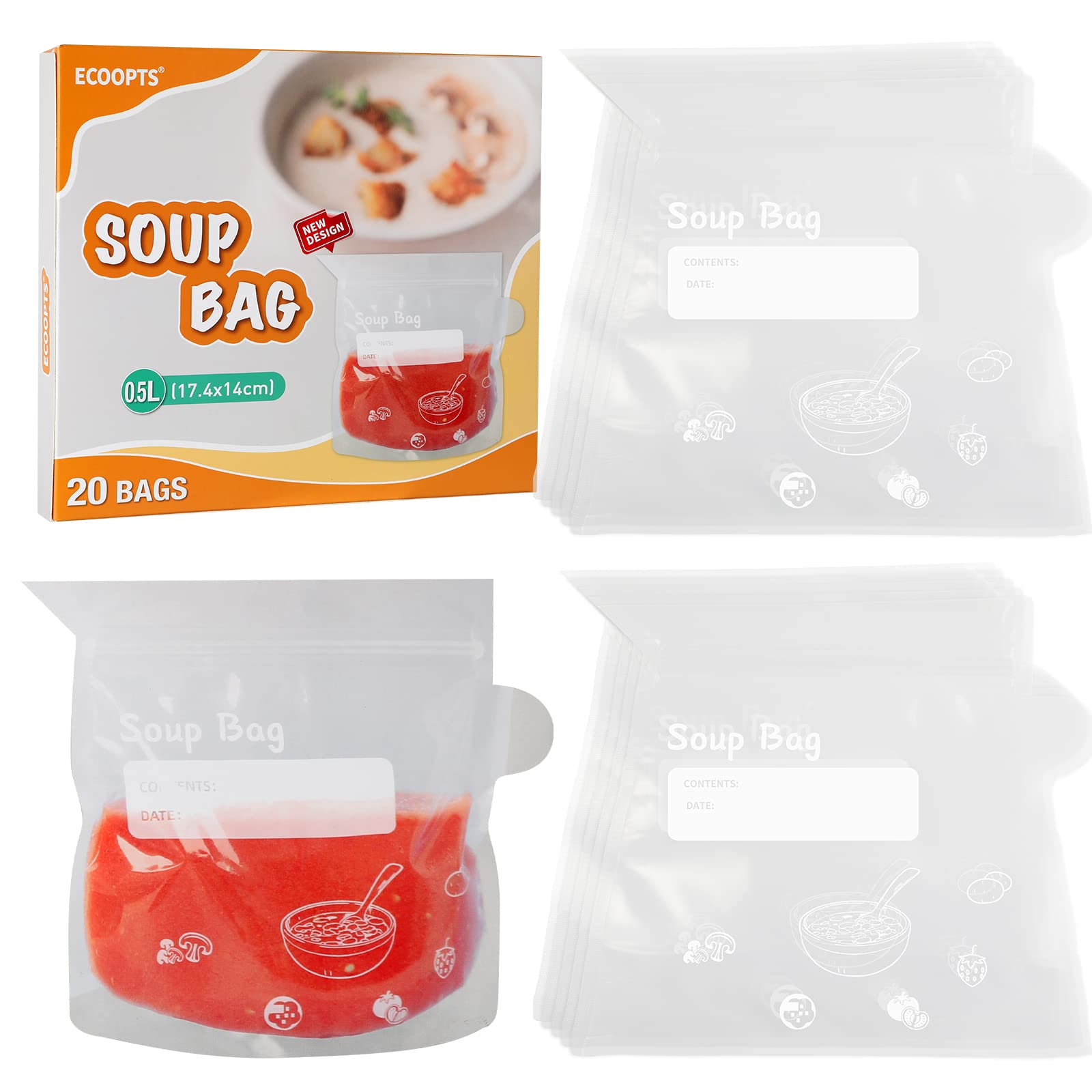 ECOOPTS 20 Soup & Sauce Freezer Bags | Unique Style Curry Soup Bag | Easy to Use | 500-1000ml Capacity
