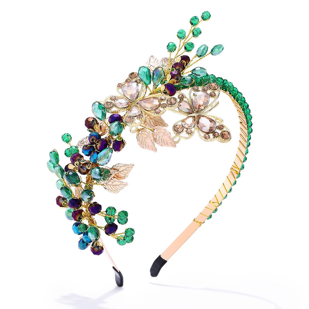 IYOU Bridal Wedding Headband Green Sparkly Crystal Hair Bands Butterfly Prom Bridesmaid Guest Hair Accessories for Women